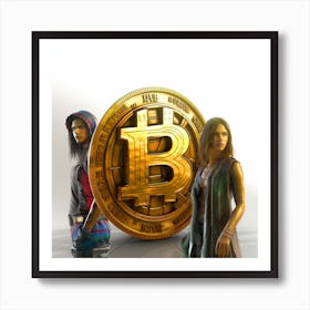 Two Women Standing Next To A Bitcoin Art Print