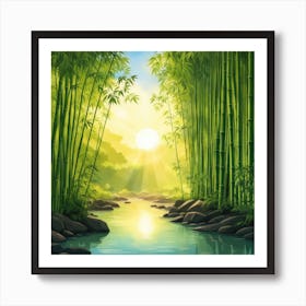 A Stream In A Bamboo Forest At Sun Rise Square Composition 346 Art Print