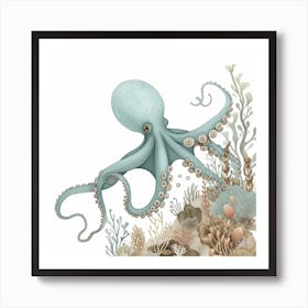 Storybook Style Octopus Exploring The Ocean 1 Art Print