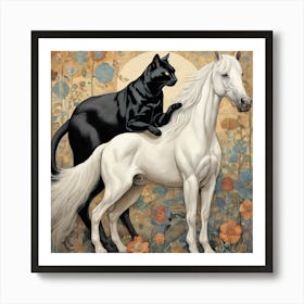 Black Cat And White Horse Art Print