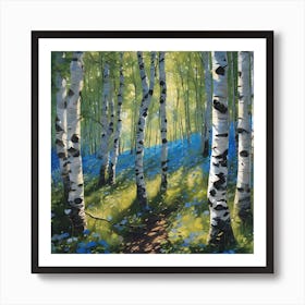 Silver Birch Woodland with Blue Speedwell Flowers Art Print