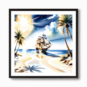 A Watercolor Painting Of A Beach Populated With Palm Trees Casting Elongated Shadows Art Print