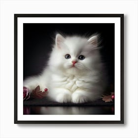 White Kitten With Roses Art Print