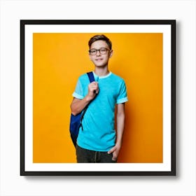 Firefly 18 Year Old, Boy, Transparent Glasses, T Shirt, Light Blue, Bag, Carrying, Yellow, Backgroun (2) Art Print