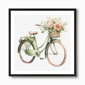 Green Bicycle With Flowers Art Print