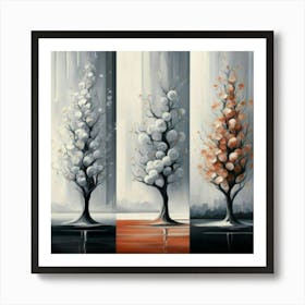 Three different paintings each containing cherry trees in winter, spring and fall 4 Art Print