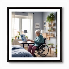 Elderly Woman In Wheelchair Using Laptop Art Print