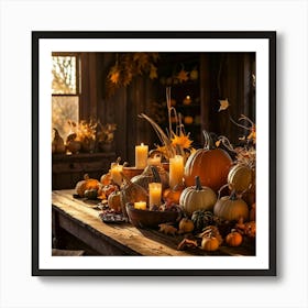 Autumn Harvest Table Laden With An Assortment Of Pumpkins Gourds And Dried Cornhusks Surrounded B (7) Art Print