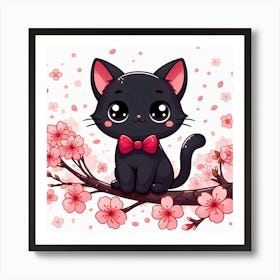 Black Cat In Cherry Blossoms Art Print