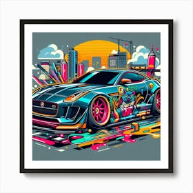 Jaguar F-Type Vehicle Colorful Comic Graffiti Style with cat , sun and city Art Print