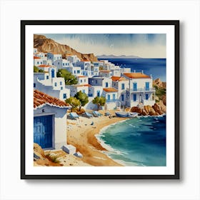 Aegean Village.Summer on a Greek island. Sea. Sand beach. White houses. Blue roofs. The beauty of the place. Watercolor. 4 Art Print