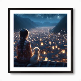 Little girl and her little dog looking at the night sky together 4 Art Print