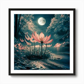 Lotus Flower In The Moonlight Art Print