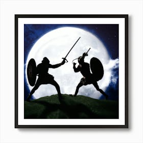 Two Knights Fighting In The Moonlight 1 Art Print