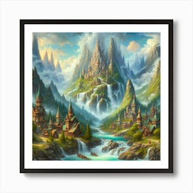 Fantasy Inspired Acrylic Painting Of A Whimsical Village Nestled Among Towering Mountains And Cascading Waterfalls, Style Fantasy Art 2 Art Print