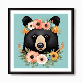 Floral Baby Black Bear Nursery Illustration (30) Art Print