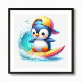 Penguin On Surfboard Art Print
