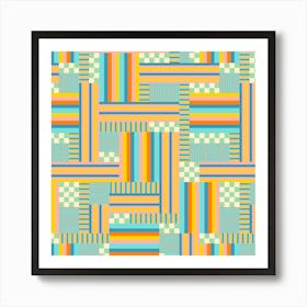 CHECKS AND STRIPES Retro Abstract Geometric Checkerboard Patchwork in Mid-Century Modern Summer Blue Green Orange Yellow with Mint and White Art Print