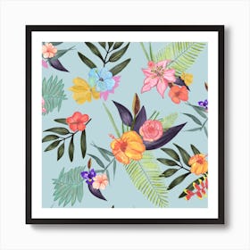 Tropical Brush Watercolor Exotic Flowers Pattern Square Art Print