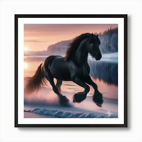 Beautiful Black Stallion Trotting In The Snow 2 Copy Art Print