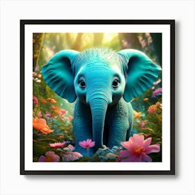 Firefly Adorable Turquoise Baby Elephant In A Magical Flowered Forest 22028 (2) Art Print