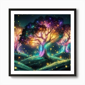 A captivating scene of trees that appear to be alive, with twinkling lights and vibrant Art Print