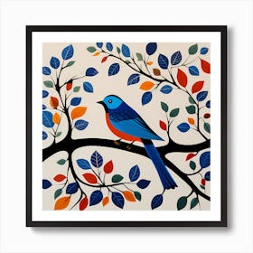 Gond Art India, Bird On a Branch, folk art, 150 Art Print