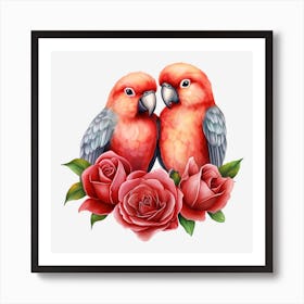 Couple Of Parrots With Roses 3 Art Print
