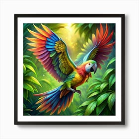 Rainbow Macaw Flying In Lush Green Jungle Art Print