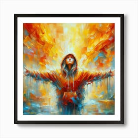 Abstract painting A stunning expressionist painting with a vibrant color palette dominated by orange, reds, and yellows. The thick, loose brushstrokes create a sense of movement and energy, with visible paint drips and spatters adding to the overall texture. The focal point is a young girl wearing a hoodie, her arms outstretched as if embracing the world. The background is a dreamlike, impressionistic landscape with distorted perspectives, showcasing a dynamic interplay of colors and shapes. The overall atmosphere is vivid, dynamic, and full of life.. Art Print