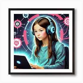 Girl With Headphones Using A Laptop Art Print