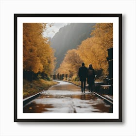 Couple Walking On A Train Track Art Print