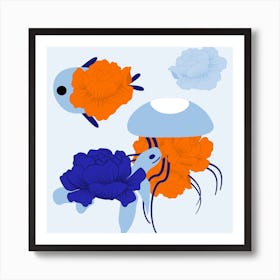 Flower Fish And Blue Peonie Square Art Print