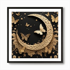 Crescent Moon Modern Carved Plaque with Butterflies Art Print