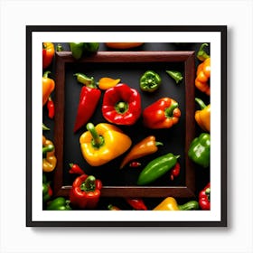 Colorful Peppers In A Wooden Frame 5 Art Print