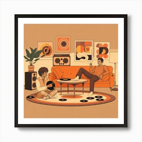 A Man And Woman Are Seated On An Orange Couch, Surrounded By A Nostalgic Vibe From A Record Player Playing Music Art Print