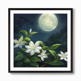 Moonlight With White Flowers Art Print