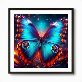 A Glowing, Electric Blue Butterfly Emerges from the Flames of a Mystical Fire, its Wings Glistening with Dewdrops in the Moonlight Art Print