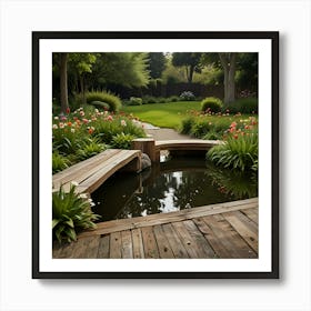 A Peaceful Garden With Blooming Flowers, A Small Pond, And A Wooden Bench Art Print