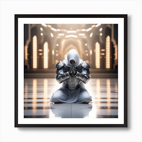 A 3d Dslr Photography Muslim Wearing Futuristic Digital Armor Suit , Praying Towards Makkah Masjid Al Haram Award Winning Photography From The Year 8045 Qled Quality Designed By Apple Art Print