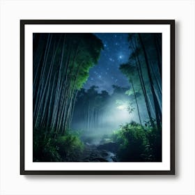 Bamboo Forest Under A Starry Midnight Sky With Dense Fog Weaving Through The Grove Captured Live Ac Affiche