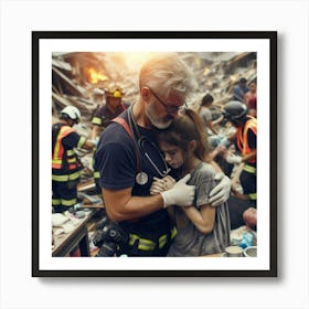 Image Of A Firefighter Helping A Girl In A Disaster Art Print