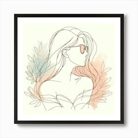 Long Hair Beauty With Glasses And Plants And Some Accent Colors - Line Drawing Art Print