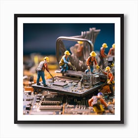 Miniature Workers On A Circuit Board 1 Art Print