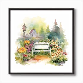 Marion Flower Garden With Bench Watercolor White Background Bd6a852d 6457 4b20 Aad7 C902877eb335 Art Print