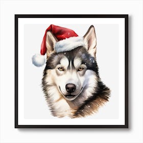 Husky Dog In Santa Hat Art Print