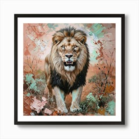 Stunning Big Male Lion Standing Tall And Proud Looking At Camera Growling Art Print