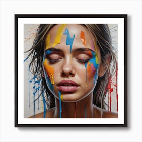 Portrait of a woman crying with tears of paint, glossy painting 1 Art Print