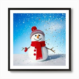 Firefly 3d, Cute, Snowman, Peeking, White, Wall, Red, Scarf, Hat, Silver, Glittery, Sequin, Decorati Art Print