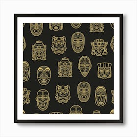 Indian Aztec African Historic Tribal Mask Seamless Pattern Art Print